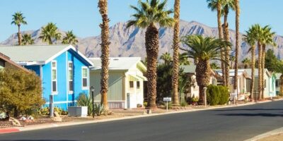 mobile homes street palm trees mountain